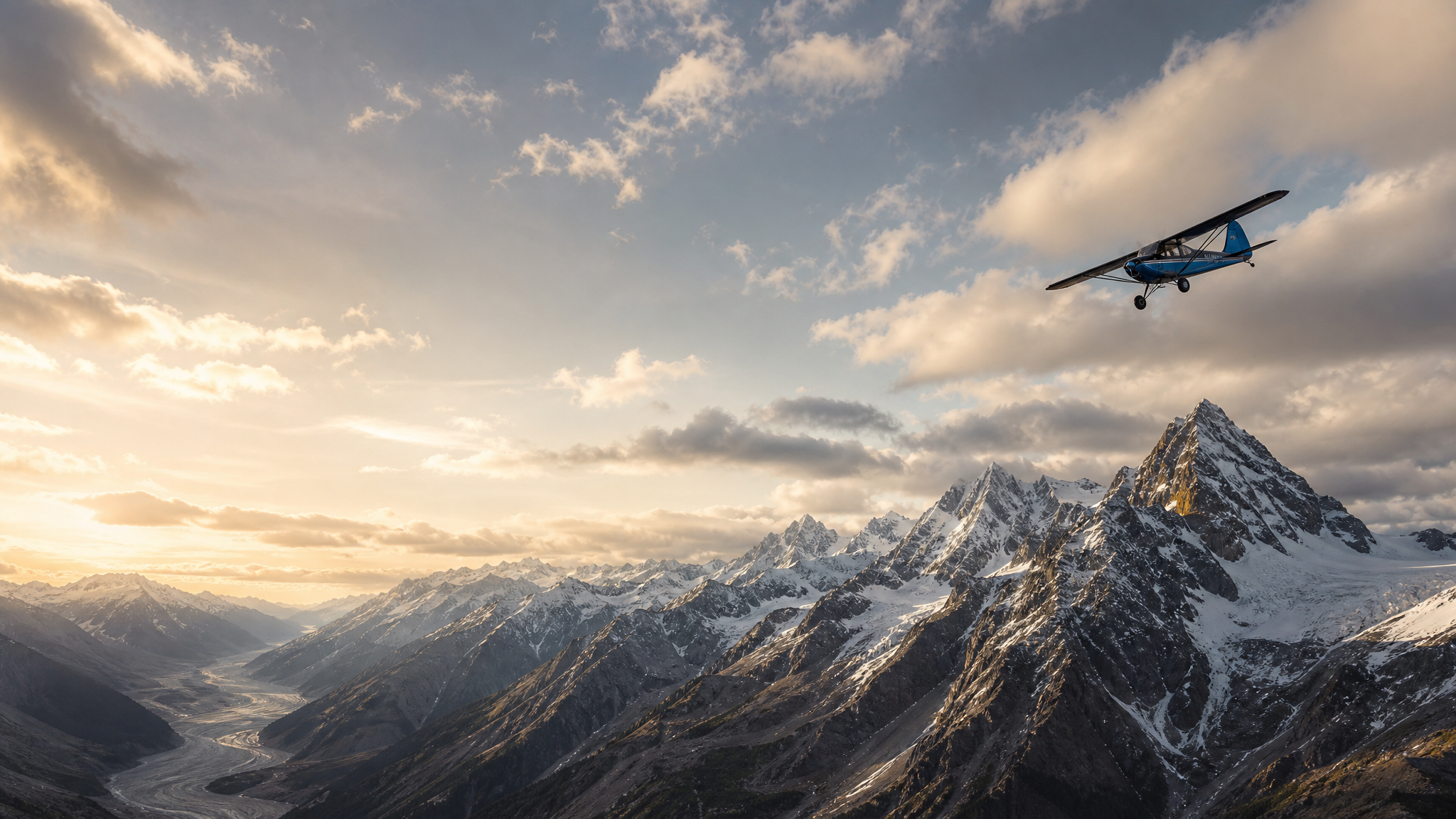 Blue and black Super Pacer bush plane banking over rugged Alaska mountain terrain at golden hour